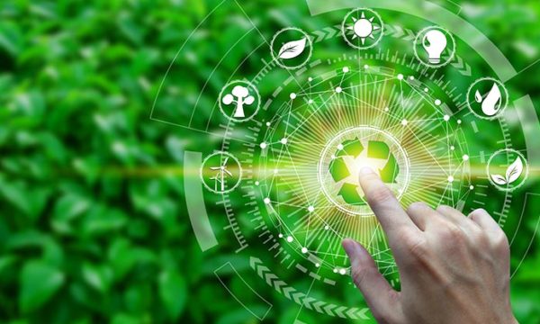 background with green leaf recycle symbol for sustainable virtual call center