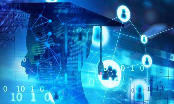 illustration of virtual online education with a network of students