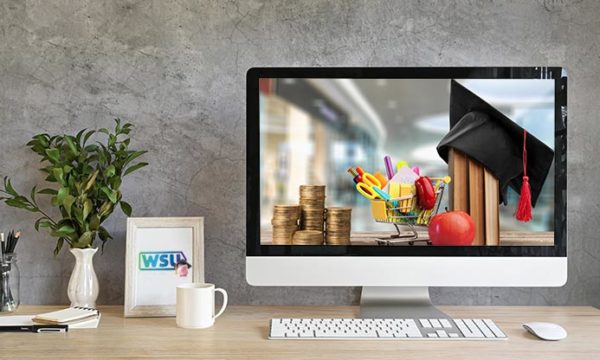 computer screen with cap money apple and working solutions university virtual work at home education