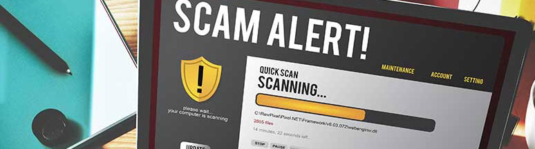 computer screen showing scam alert scanning for work at home best practices