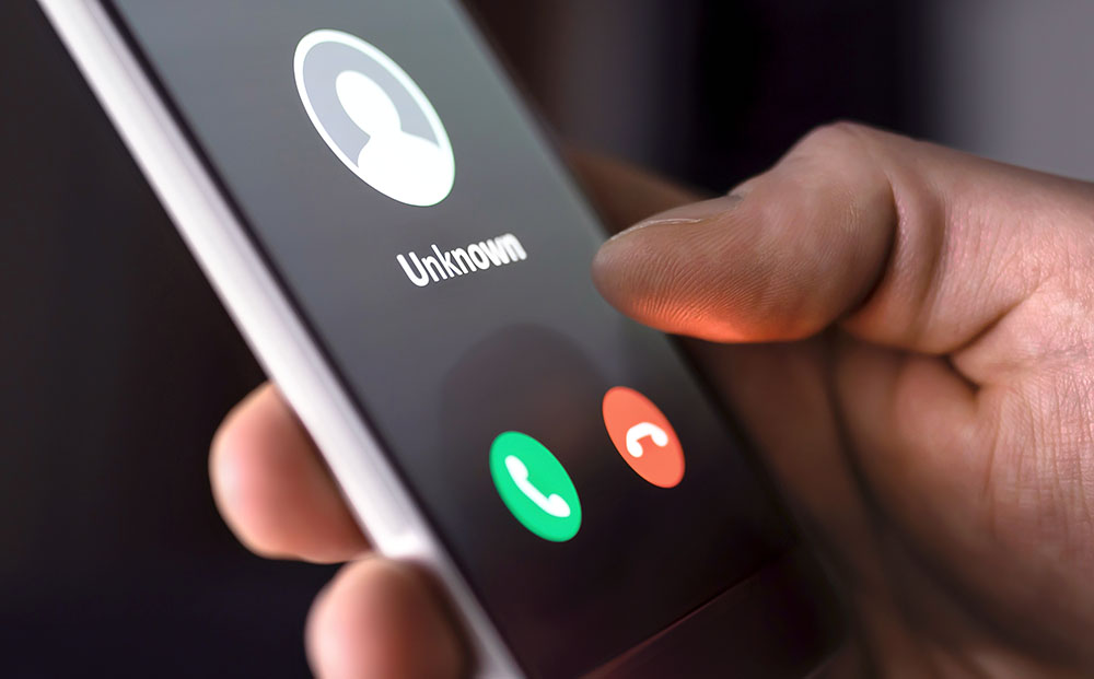 Smartphone displays a call from an Unknown caller