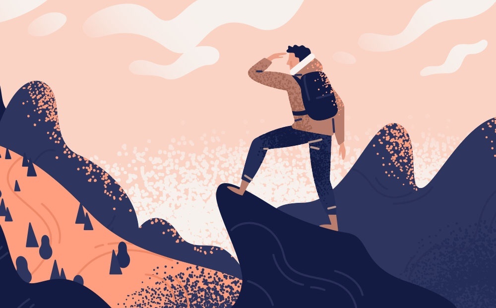 Illustration of a man at the peak of a cliff gazing out at the mountains