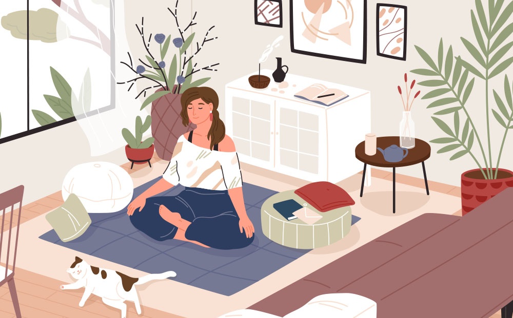 Illustration of a woman meditating in her living room