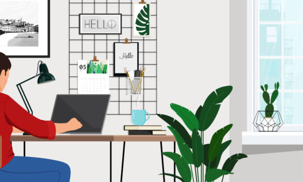 Illustration of a man working behind a laptop at home