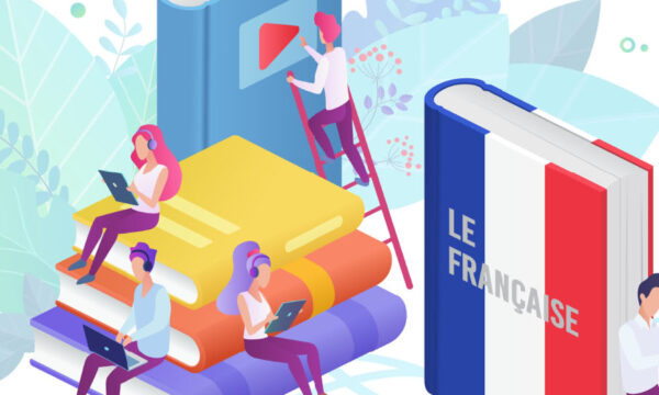 Illustration of customer service agents in a floral environment leaning against french books