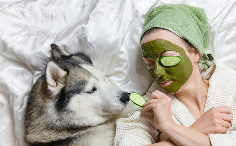 Woman lies on a spa bed with a clay mask, towel on her head, and cucumbers on her eyes as she feeds her husky lying next to her one of the cucumbers
