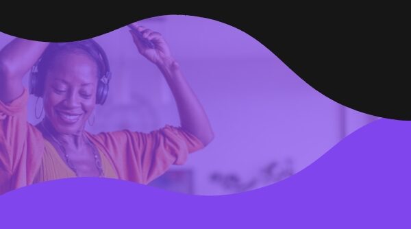 Graphic treatment over a photo of an agent dancing in her living room with her headset on
