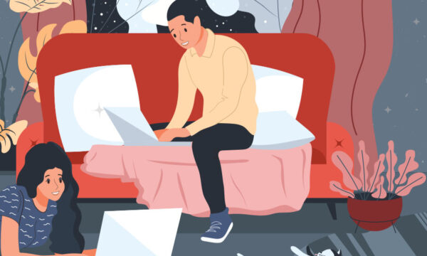 Illustration of two friends working side by side at home in the winter time