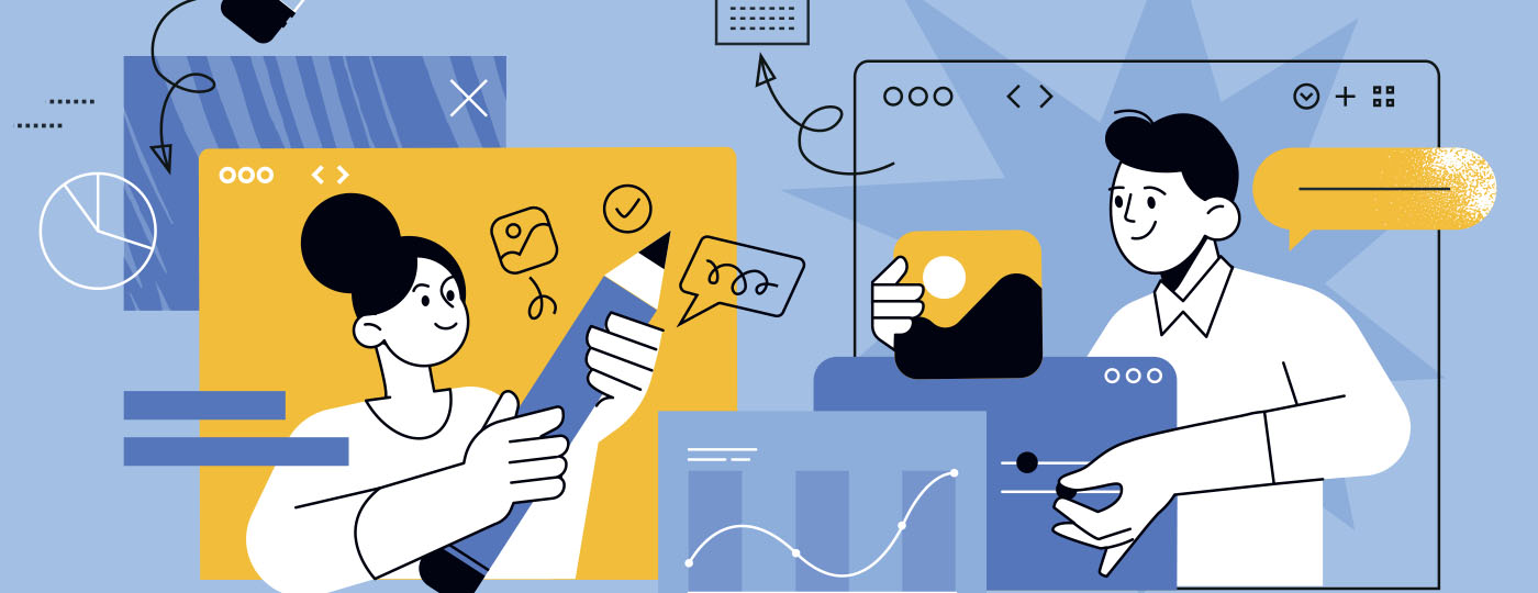 Illustration of two people collaborating to create a project