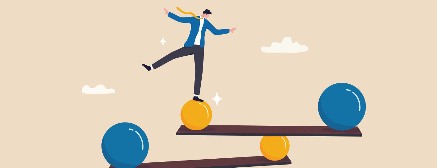 Illustration of a man balancing on a ball, which is balancing on a contraption of many platforms and balls