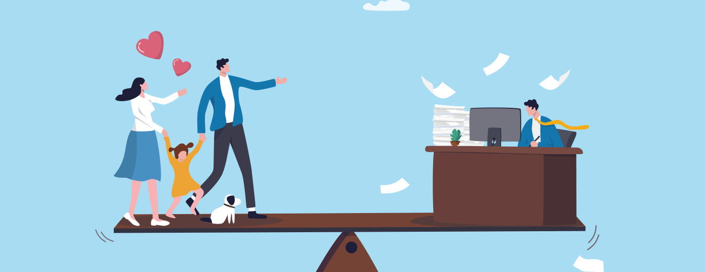 Illustration of a scale. One one side is a loving family, on the other is a member of the family working at his desk