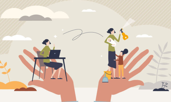 Illustration of two hands holding two images of people - one a woman working at a desk, the other the same woman spending time with her child