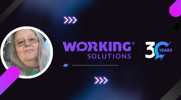 Working Solutions 30th Anniversary logo and a picture of Pam Kelly
